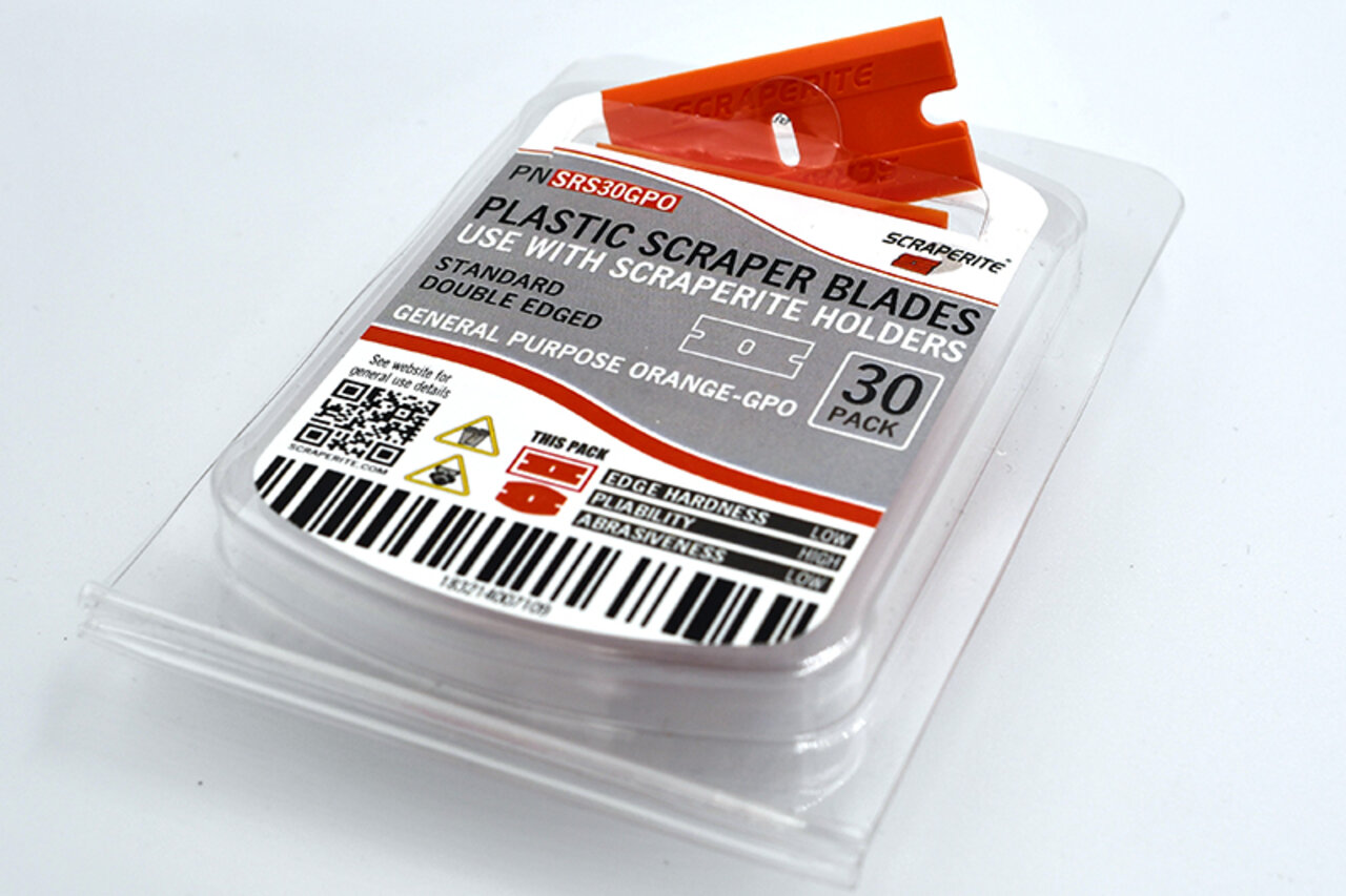 Scraperite plastic scraper blades in packaging with orange blades visible SRS30GPO