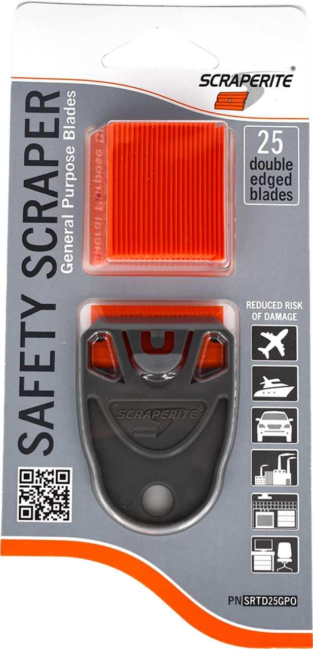 Scraperite safety scraper package with orange double edged blades and gray handle. SRTD25GPO.